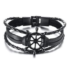 Black Leather Bracelet with Alloy Buckle and Rudder