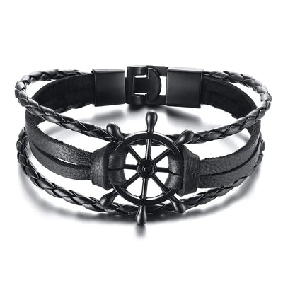 Black Leather Bracelet with Alloy Buckle and Rudder