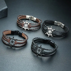 Black Leather Bracelet with Alloy Buckle and Rudder
