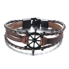 Black Leather Bracelet with Alloy Buckle and Rudder