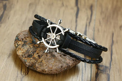 Black Leather Bracelet with Alloy Buckle and Rudder