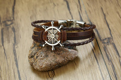 Black Leather Bracelet with Alloy Buckle and Rudder